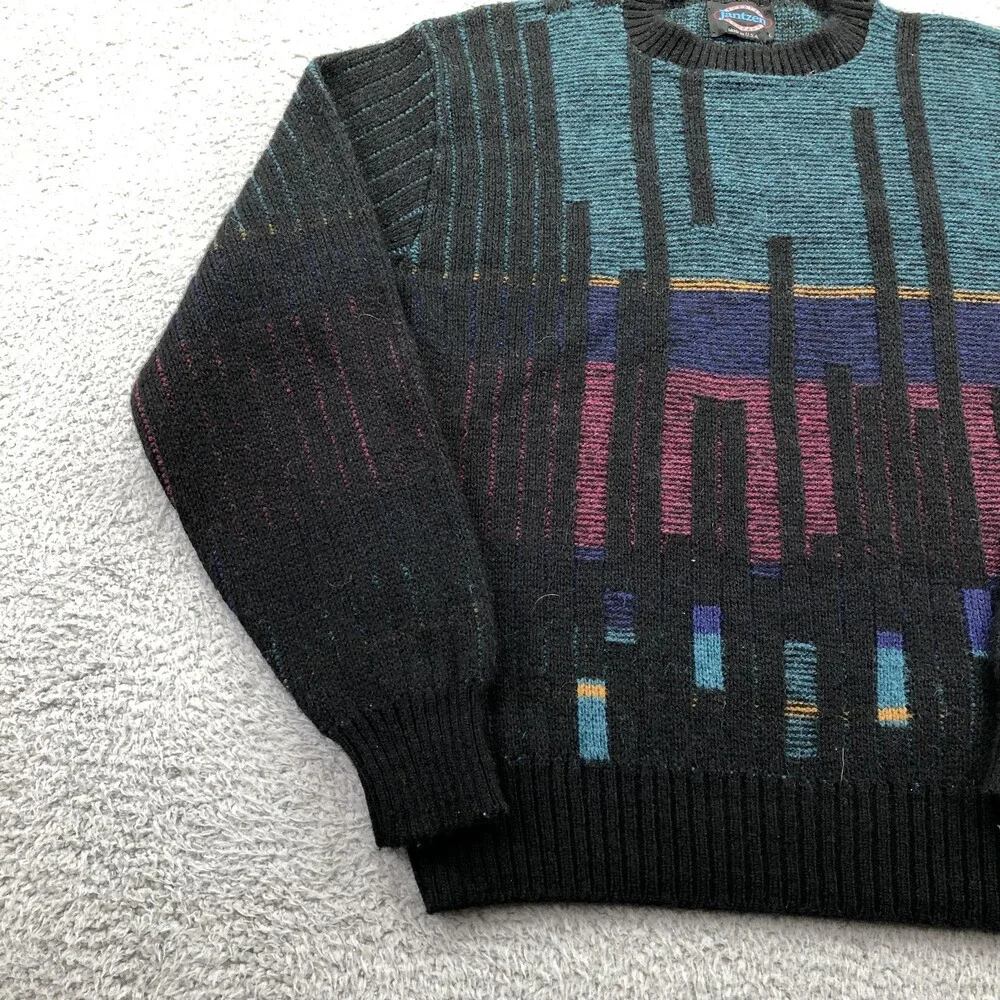 Vintage Jantzen Sweater Mens Large Black Geometric Knit Crewneck Pullover USA